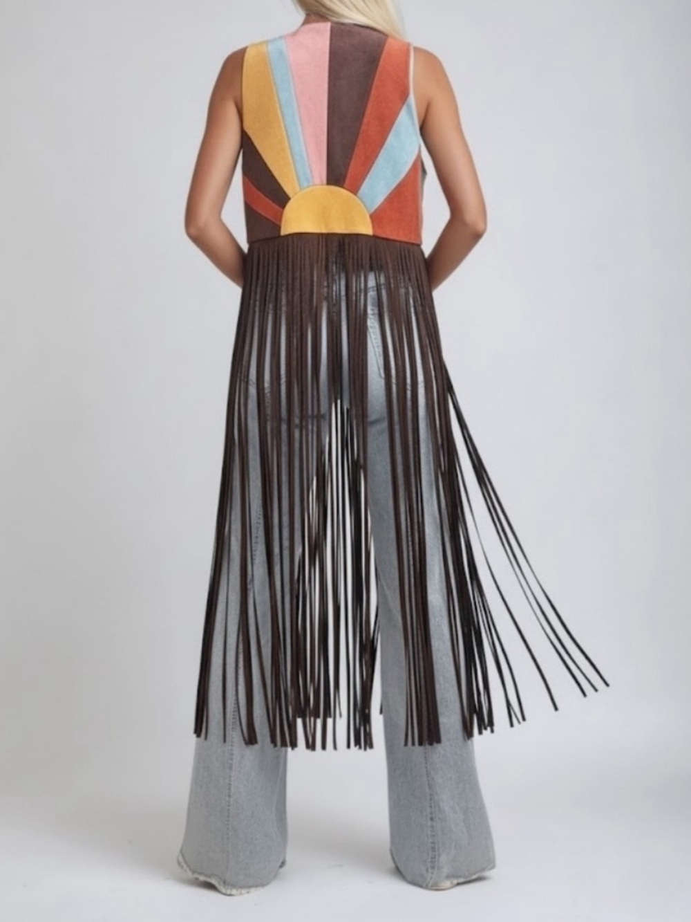 NWT Boutique Sunrise On The Sahara Boho Fringe Vegan Suede Vest